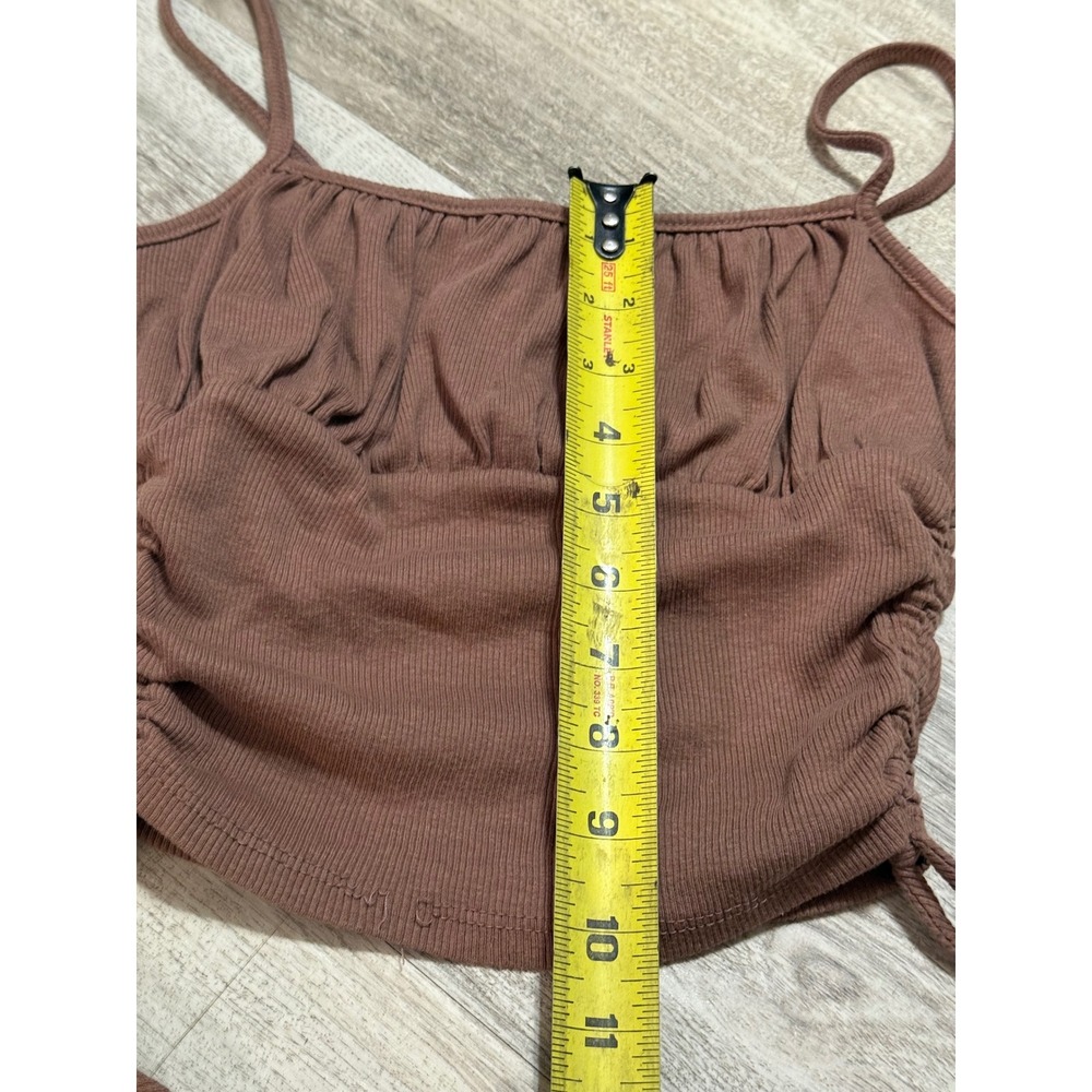 Brown Ruched Drawstring Tank Top Women's Ribbed Spaghetti Strap Crop Top - Picture 4 of 4